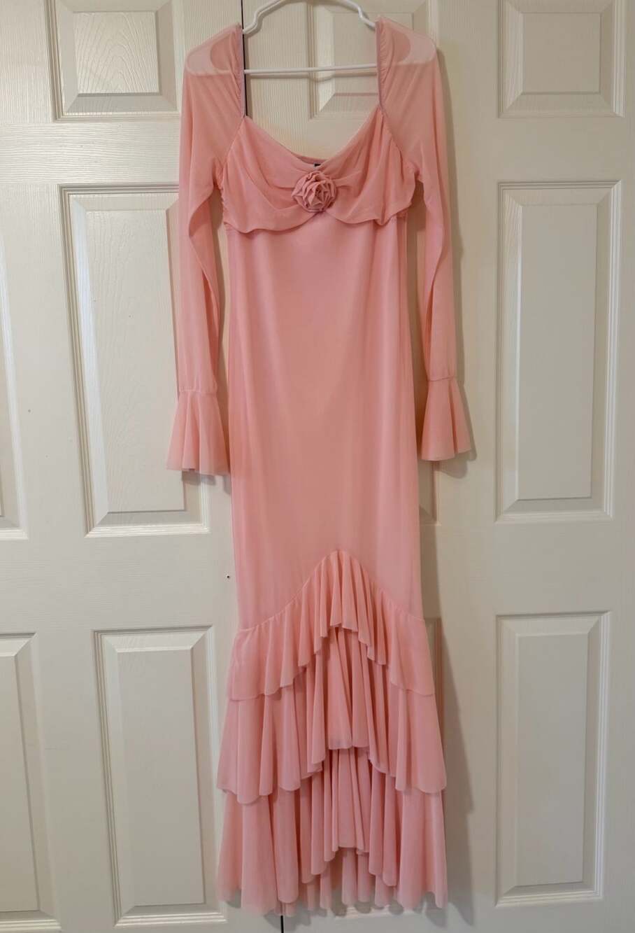 Shein Maxi Dress Size L Pink Rose Detail Ruffle Chiffon